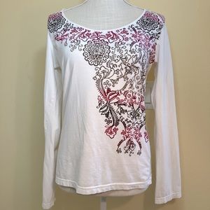 Columbia long sleeve cotton shirt, off-white w/brown & red pattern, size Medium